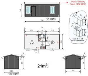 21m2. Beşik Çatılı Ev Konteyner Antrasit Renk